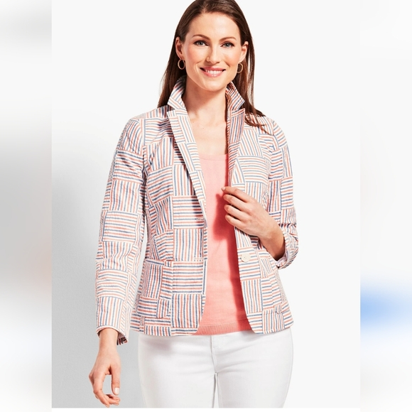 ⭕️ PRICE FIRM NEW Talbots Seersucker Patchwork Striped Blazer Size Petite 12 - Picture 2 of 8